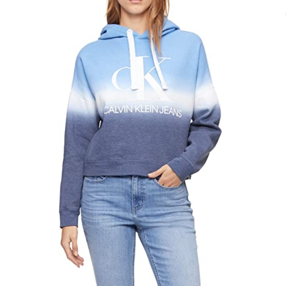 NEW Hoodie CK Jeans Crop Top Calvin Klein Ombre Blue Color Block Pullovr Women L